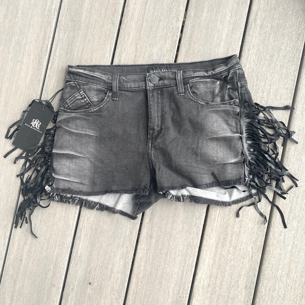 Rock & Republic Black Leather Fringe Lolita Shorts
